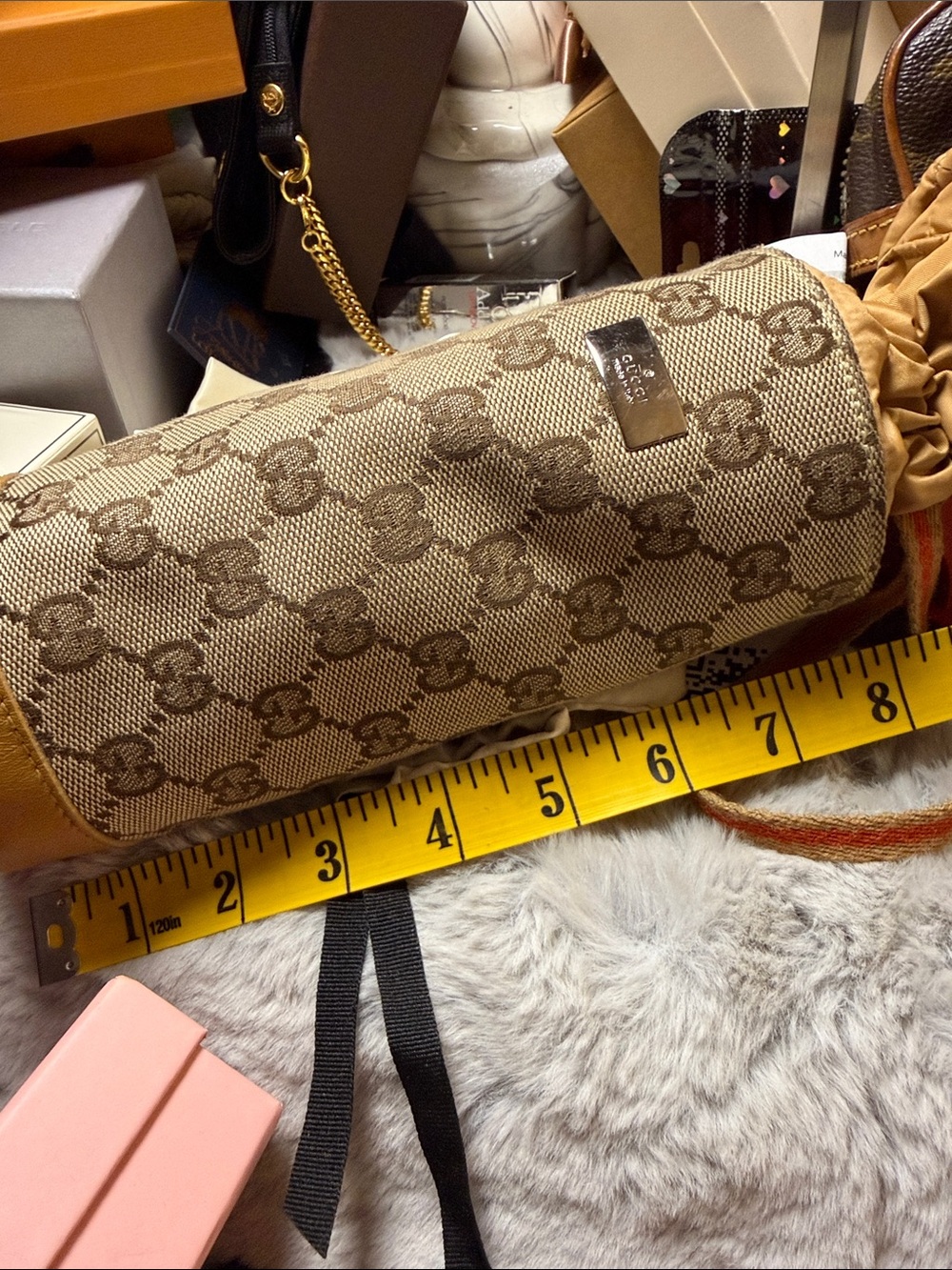 Gucci Beige GG Monogram Drawstring Mini Water Bottle Bag with Tan Trim - Picture 13 of 15